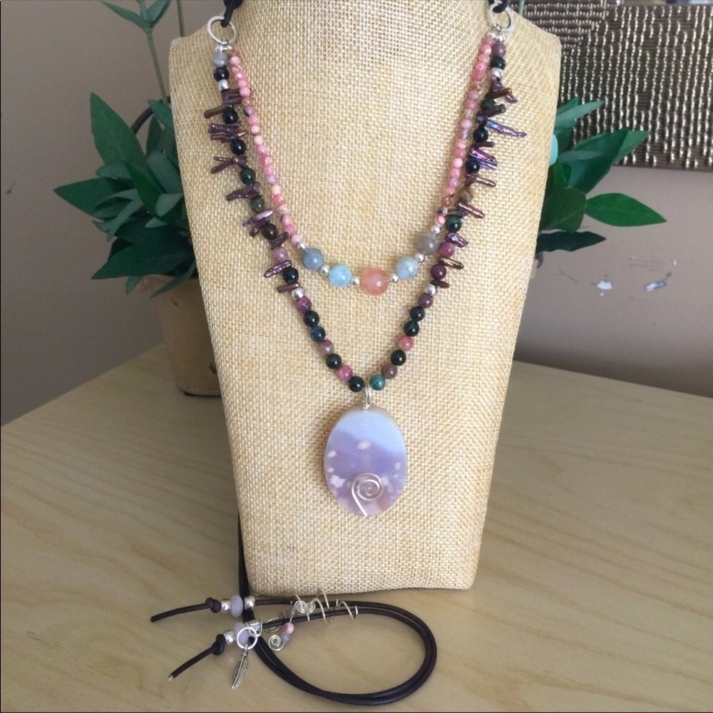 Pink Opal, Gemstone, Boho Leather Necklace - Picture 8 of 8